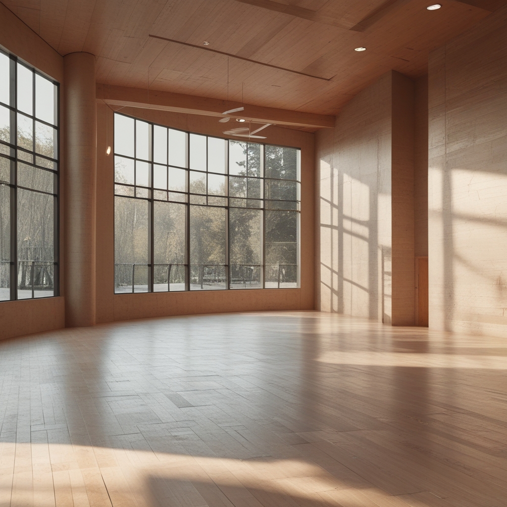 Ruhige Turnhalle mit natürlichem Licht durch große Fenster, Holzparkettboden und klarer minimalistischer Architektur, die Bewegungsraum symbolisiert