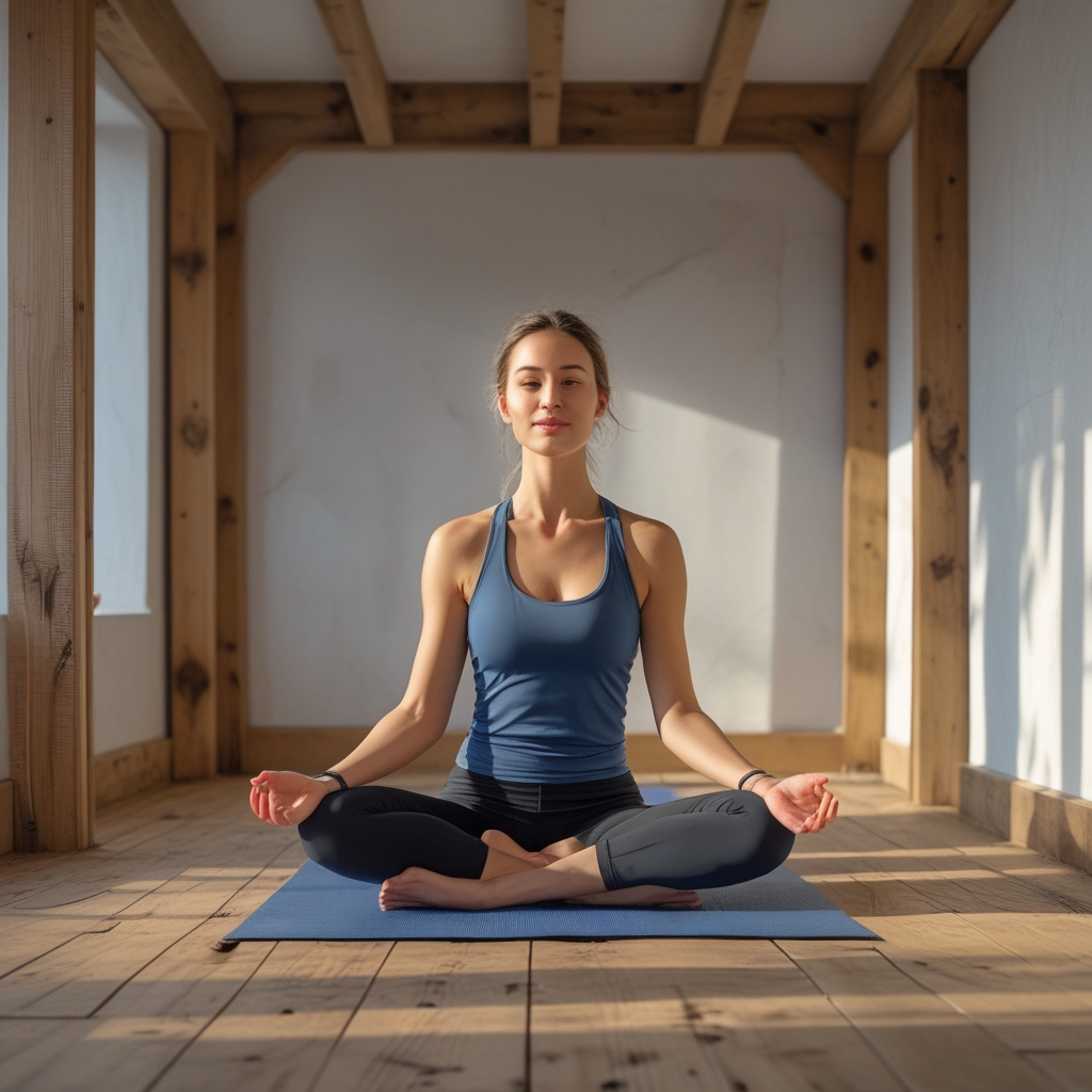 Ruhige Yoga-Stunde in einem holzvertäfelten Raum mit natürlichem Licht, Person in ruhiger Stützposition auf einer Matte auf Holzboden