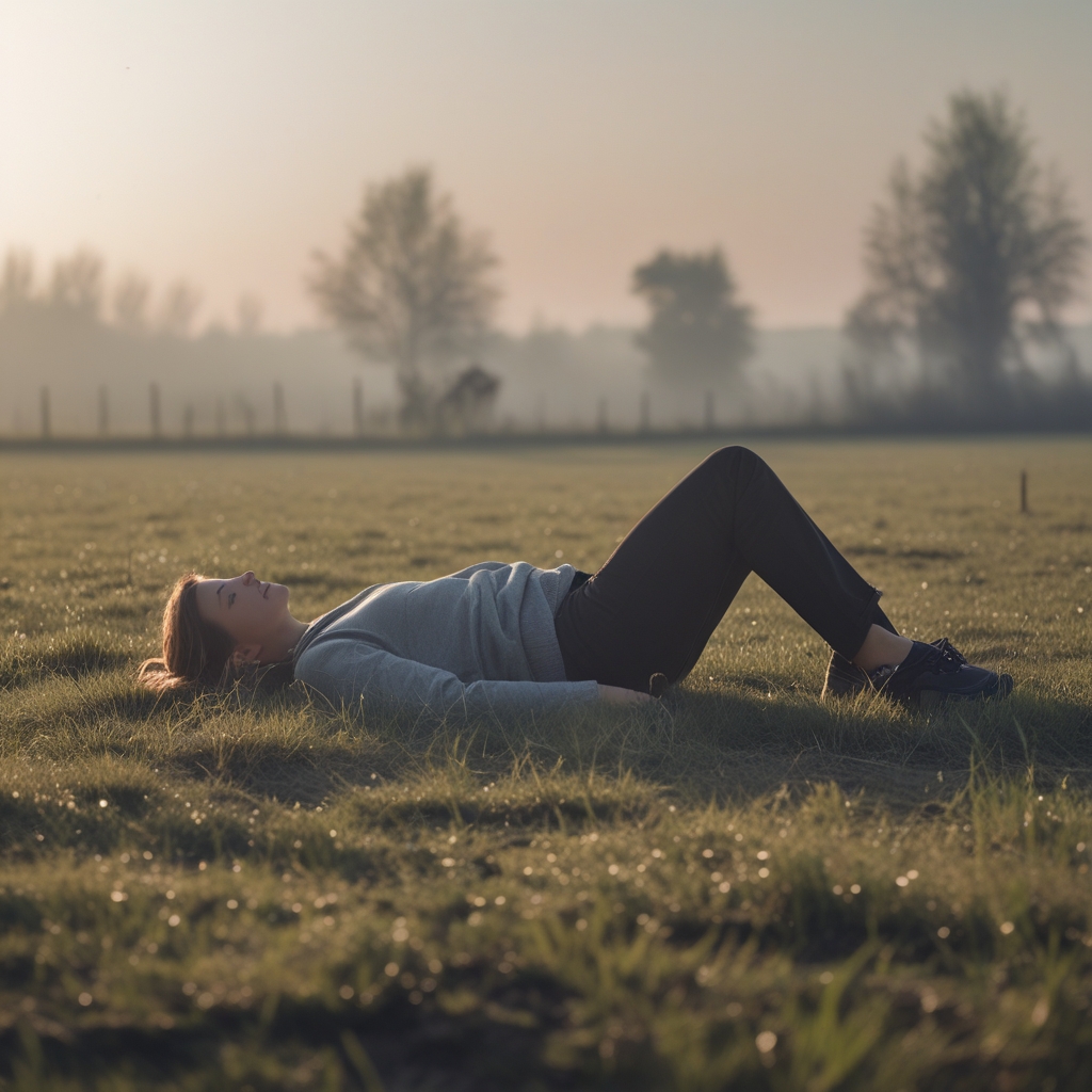Stille Streckübung im Freien auf einer Wiese, Person in ruhiger Liegeposition, Gras und diffuses Morgenlicht, keine sportlichen Geräte sichtbar