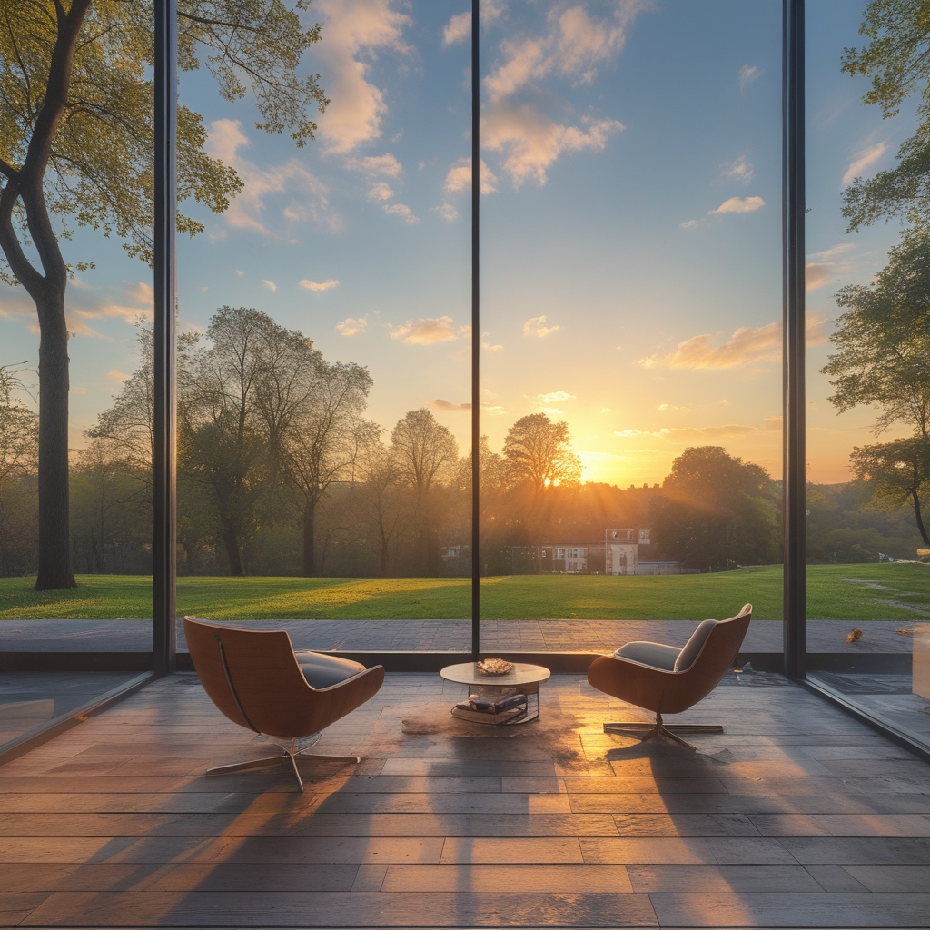 Heller moderner Innenraum mit großen Glasfenstern, Blick auf einen stadtnahen Park, Holzboden und reduzierte minimalistische Möbel, Atmosphäre von Ruhe und Konzentration